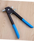 Heavy Duty Rivet Nut Tool Kit With 86 Pieces M5 M7 M8 Rivnuts For Auto Repair And DIY Projects Featuring Durable Aluminum Hand Riveter And Non-Slip Handle Plus Carrying Case For Easy Installation. hand riveter with blue non-slip handles on wood floor