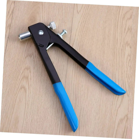 Heavy Duty Rivet Nut Tool Kit With 86 Pieces M5 M7 M8 Rivnuts For Auto Repair And DIY Projects Featuring Durable Aluminum Hand Riveter And Non-Slip Handle Plus Carrying Case For Easy Installation. hand riveter with blue non-slip handles on wood floor