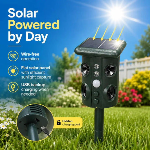 Outdoor Ultrasonic Animal Deterrent With Motion Sensor, Solar Powered Pest Repeller, 3 In 1 System With Ultrasound, Flashing LED Light, And Ground Vibration To Deter Snakes, Moles, Voles, And Gophers In Your Yard; solar panel, USB port