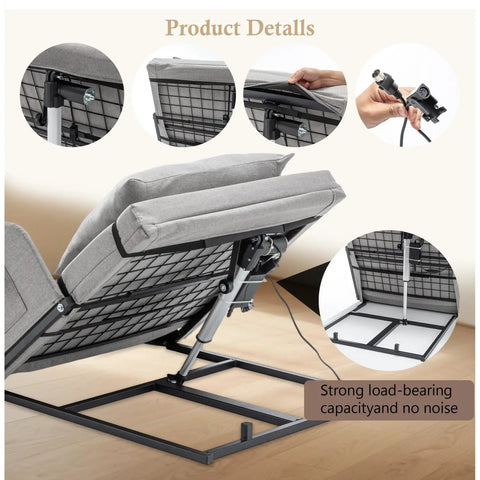 Close-up of Electric Adjustable Bed Backrest with Safety Rails, showing 300 pound capacity mechanism and washable cover.