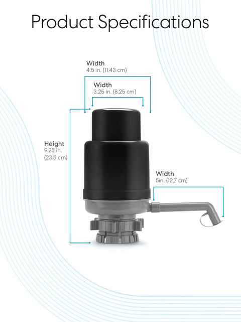Product specifications of Universal Water Bottle Pump For 1 To 5 Gallon Jugs Manual Dispenser with measurements in inches.