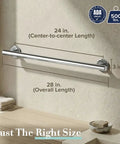 Latitude II 24 Inch Bathroom Grab Bar Chrome Finish, Premium Stainless Steel Bath Safety Bar installed on shower wall with measurements.