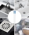 Extra Long Drain Cleaning Brush Two Pack Kicks Stubborn Hair And Grease Buildup Straight To The Curb For Sinks Tub Showers Plus Bathroom Drains To Get Your Plumbing Flowing Smoothly Again, shown with sinks and drains.