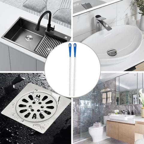 Extra Long Drain Cleaning Brush Two Pack Kicks Stubborn Hair And Grease Buildup Straight To The Curb For Sinks Tub Showers Plus Bathroom Drains To Get Your Plumbing Flowing Smoothly Again, shown with sinks and drains.