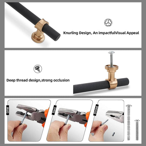 Five Inch Knurled Cabinet Pulls In Matte Black And Champagne Bronze For Kitchen Cabinets And Furniture, Aluminum And Zinc Alloy Drawer Handles, 10 Pack Solid Cabinet Hardware By KOMOTIA shown in knurling detail and installation process