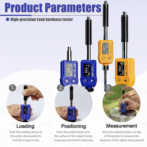 Portable Leeb Hardness Tester Pen Style Digital Hardness Meter With Dual Coil Technology And Auto Direction Compensation Rechargeable OLED Display On Site Metal Testing Made Easy LS252D, blue and yellow units