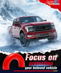 Red Ford truck in snowy mountains with text promoting red tow hook covers for Ford F150 2004 Through 2025.
