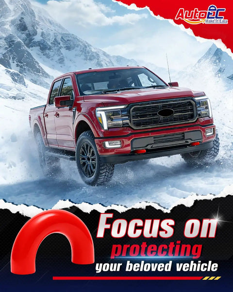 Red Ford truck in snowy mountains with text promoting red tow hook covers for Ford F150 2004 Through 2025.