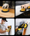Kickin Up Dust Free Surfaces With This Beefy Electric Random Orbital Sander That Features Shop Vac Hookup Plug In Cord And Sharp Ceramic Discs For Tight Woodworking Jobs in use on various surfaces.