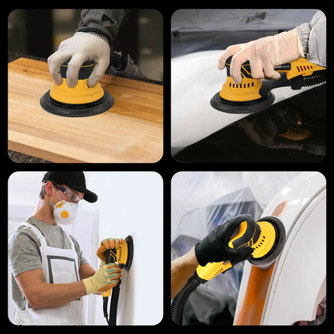 Kickin Up Dust Free Surfaces With This Beefy Electric Random Orbital Sander That Features Shop Vac Hookup Plug In Cord And Sharp Ceramic Discs For Tight Woodworking Jobs in use on various surfaces.