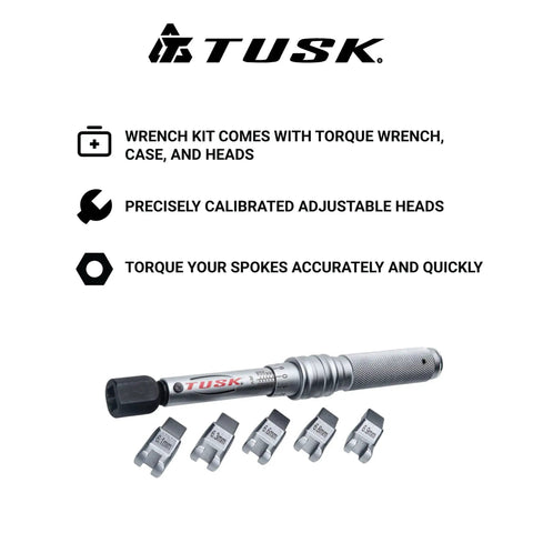 Spoke Torque Wrench Kit Adjustable 30 To 150 In-Lb With Five Drop-Forged Heads For Spoke Nipples 6.1 6.3 6.6 6.8 6.9 mm Built-In Torque Click In A Compact Carry Case Pro Grade, Tusk wrench with 5 heads