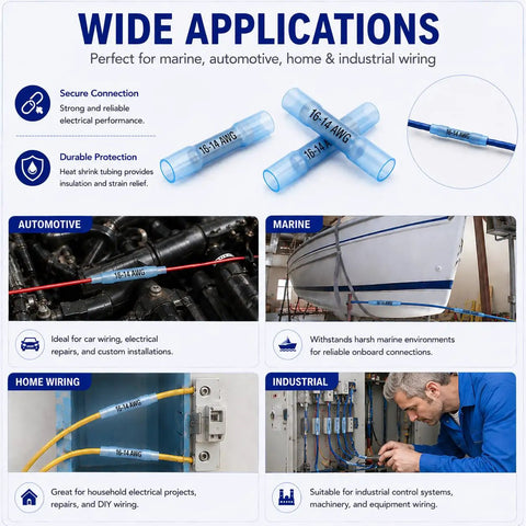 Heavy Duty Heat Shrink Butt Connectors Waterproof Marine Grade Wire Connector Kit No Sweat Dual Wall Sealed Crimp Terminals Road Ready For Autos And Boats 300 Piece Set displayed with applications for automotive, marine, home, and industrial wiring.