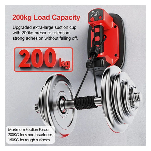Heavy Duty Electric Vacuum Suction Cup Glass Lifter Built Tough With Rapid Copper Core Motor showing 200kg load capacity and suction cup.