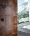 Matte Black Shower Faucet Set With Pressure Balance Cartridge And 8-Inch Rain Shower Head, Non-Return Check Valves in bathroom