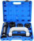 Acymner ball joint press and U-joint tool set in a blue case with silver C-frame press and black adapters