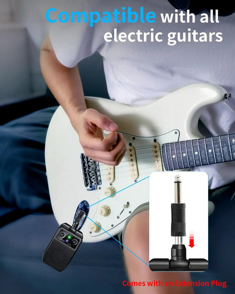 Person using Compact 5W Practice Guitar Amp with Bluetooth and rechargeable battery, plugged into electric guitar, extension plug shown.