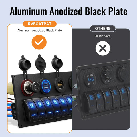 Comparison of Beefy 8 Gang 12V Marine Boat Switch Panel with anodized aluminum plate versus plastic alternative