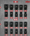 Half Inch Drive Impact Socket Set, 24 Piece Shallow SAE And Metric Sizes Cr V Steel organized on a grey background
