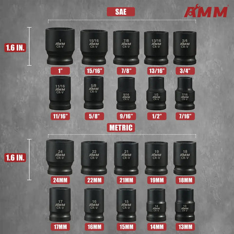 Half Inch Drive Impact Socket Set, 24 Piece Shallow SAE And Metric Sizes Cr V Steel organized on a grey background