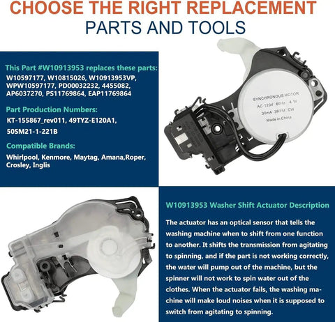 Washer Shift Actuator Replacement Compatible With Whirlpool Maytag Kenmore Amana W10913953VP shown with parts and specifications