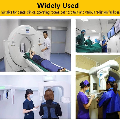Pro Grade Lead Shielding Cap for Radiation Safety in clinical settings, featuring MRI, CT scan, and dental imaging equipment.