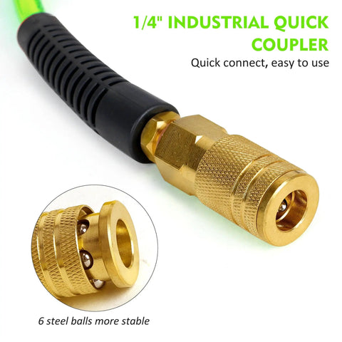 Close-up of 1/4 inch industrial quick coupler with steel balls, part of Flexible One Quarter Inch 100 Foot Reinforced PU Air Hose Kit