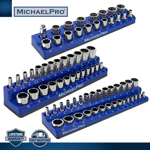Magnetic Socket Organizer Tray Set For Metric Sockets Three Piece One Quarter Inch Drive Three Eighths Inch Drive And One Half Inch Drive High Capacity Holds Up To Seventy Five Sockets Keeps Your Toolbox Ready And Cabinets Sorted