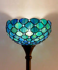 Tiffany Style Floor Lamp Torchiere With Stained Glass Shade In Green And Red Floral Pattern, 60 Inch Tall Bronze Finish Base, UL Listed