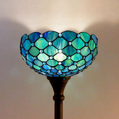 Tiffany Style Floor Lamp Torchiere With Stained Glass Shade In Green And Red Floral Pattern, 60 Inch Tall Bronze Finish Base, UL Listed