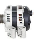 Side view of Premium 100 Percent New 180 Amp Alternator For Select Chrysler 300, Dodge Challenger, Charger, Durango, Jeep Grand Cherokee, And Ram 1500 Drop In Ready, Reliable Charging, Long Lasting Auto Electrical Replacement.