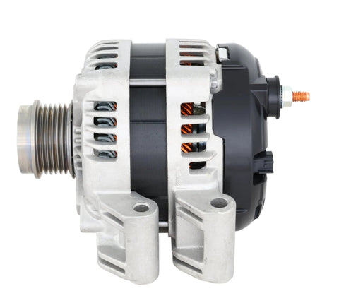 Side view of Premium 100 Percent New 180 Amp Alternator For Select Chrysler 300, Dodge Challenger, Charger, Durango, Jeep Grand Cherokee, And Ram 1500 Drop In Ready, Reliable Charging, Long Lasting Auto Electrical Replacement.