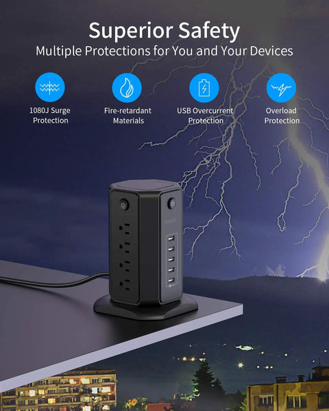 10-Foot Power Strip Tower With Eight Outlets And Five USB Ports, Dope Surge Protector With Individual Switches, 1080 Joules