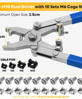 Heavy Duty Rotatable Dual Jaw Cage Nut Tool Kit With Ten M6 Silver Rack Screws Universal M4 Through M10 Quick Install Remover for Server Cabinets, showing tool and cage nuts.