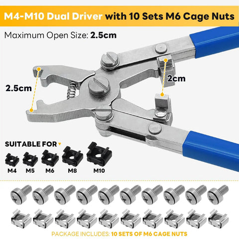 Heavy Duty Rotatable Dual Jaw Cage Nut Tool Kit With Ten M6 Silver Rack Screws Universal M4 Through M10 Quick Install Remover for Server Cabinets, showing tool and cage nuts.