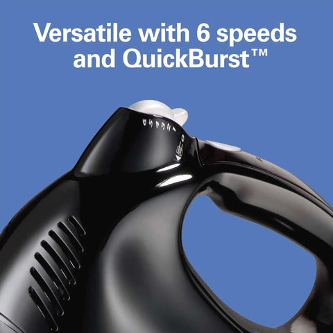 Big Time Slick And Kickin Six Speed Electric Hand Mixer With Quick Burst Function showing control dial and sleek black design.