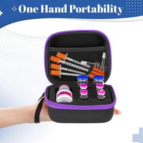 Purple 6 Slot Peptide Vial Storage Case For 3ml 10ml 30ml Bottles Insulin Organizer open showing vials and syringes inside.