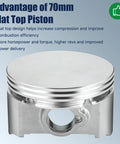 Flat Top 70 Millimeter Piston Kit With 0.550 Compression Height And 26 Lb Valve Springs For Predator 212cc 224cc GX160 GX200 Mini Bikes Go Karts High Compression Powersports Replacement Drop In shown from side view.