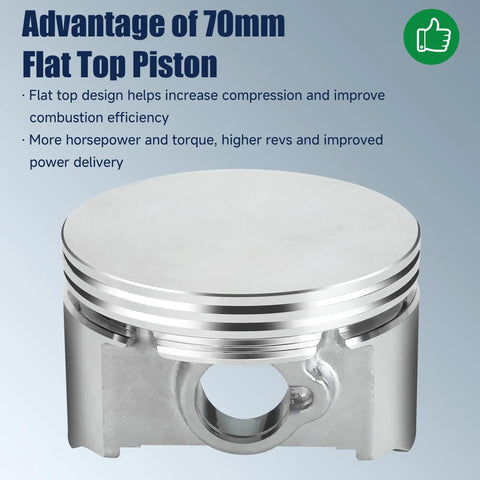 Flat Top 70 Millimeter Piston Kit With 0.550 Compression Height And 26 Lb Valve Springs For Predator 212cc 224cc GX160 GX200 Mini Bikes Go Karts High Compression Powersports Replacement Drop In shown from side view.