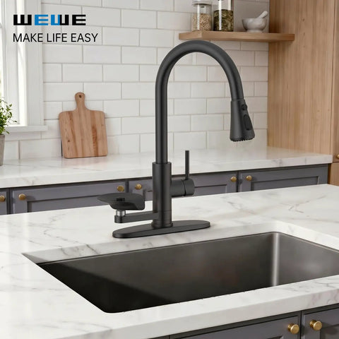Kitchen Faucet with Glass Rinser, Pull Down Sprayer, 3 Water Modes in sleek black finish on marble countertop.