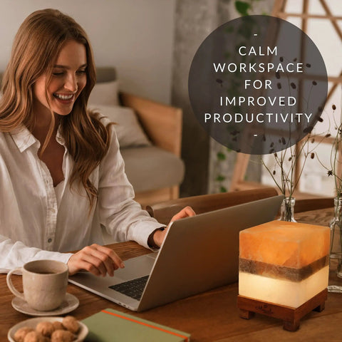 Woman working near Dual Illumination Himalayan Salt Rock Lamp with Real Pink White and Grey Salt Block Dimmer Control Adjustable Glow