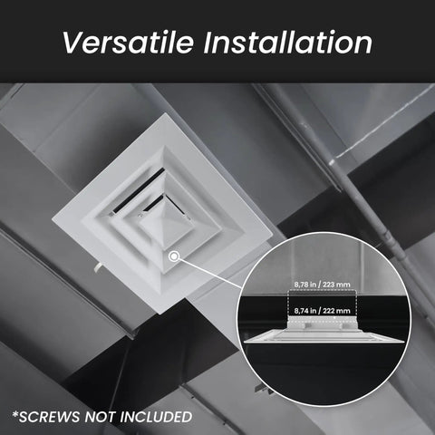 Tough As Nails Aluminum Ceiling Diffuser Snug Fit 9 Inch Square Vent Cover 14 X 14 Outer Frame shown in installation