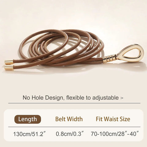 Women Knotted Skinny PU Leather Waist Belt With Gold Alloy Buckle Adjustable Double Rope Design For Snatching Waists And Fire Outfit Vibes On Dresses And Casual Fits Daily, showing adjustable brown rope.