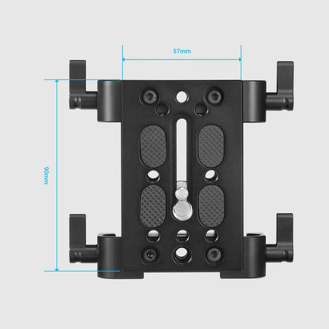 Camera Base Plate With 15mm Rod Clamp Rail Block for Tripod and Shoulder Rigs, Dual Aluminum Plates, 1/4-20 and 3/8-16 Screw Compatibility, Adds Solid Accessory Mount Holes for Cages, Monitors, Microphones, and More, 57mm x 90mm black aluminum base plate
