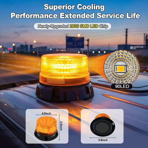 Beefy Magnetic Amber Strobe Light Beacon for Trucks and Heavy Duty Vehicles with 90 LEDs on a rooftop, showcasing 360° flash and USB charge.