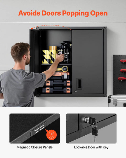Sturdy Steel Wall Cabinet for Garage and Home Storage, 30W x 12.2D x 30H Inches, Locking Doors, Adjustable Shelves, Holds Up To 120 Lbs Per Shelf, Space Saving Floating Cabinet for Tools and Supplies, Wall Mounted, Black with magnetic closure and key lock