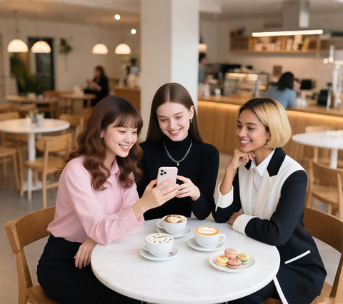 Three women in a cafe looking at a smartphone, with coffee and macarons on the table, enjoying a social moment.
