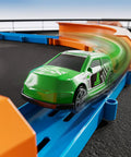 Epic Car Race Track Set for Kids Ages 3 To 12 With 45 Track Pieces And 4 Small Cars Dual Loop Tracks For Competitive Racing Perfect Gift For Boys And Girls, featuring close-up of green racing car on orange track loop.