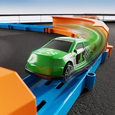 Epic Car Race Track Set for Kids Ages 3 To 12 With 45 Track Pieces And 4 Small Cars Dual Loop Tracks For Competitive Racing Perfect Gift For Boys And Girls, featuring close-up of green racing car on orange track loop.