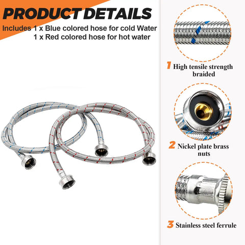 6 Ft Braided Stainless Steel Washing Machine Hoses 2 Pack Cold Blue And Hot Red Water Supply Lines Flexible Leakproof For Washer