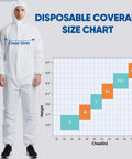 Go Getter Breathable Hazmat Suit And Disposable Coveralls Serving Up Slick Full Body Protection For Painters And Lab Crews With Fast Adjust Zipper And Heavy Duty Dust Shield Gear size chart with model in white coverall.